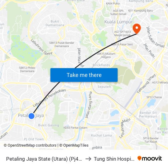 Petaling Jaya State (Utara) (Pj433) to Tung Shin Hospital map