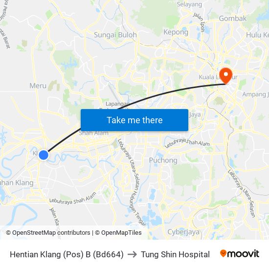 Hentian Klang (Pos) B (Bd664) to Tung Shin Hospital map