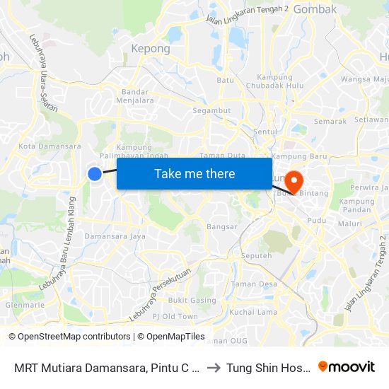 MRT Mutiara Damansara, Pintu C (Pj814) to Tung Shin Hospital map