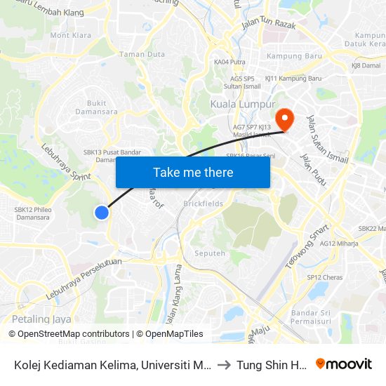 Kolej Kediaman Kelima, Universiti Malaya (Kl2343) to Tung Shin Hospital map