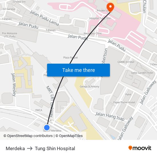 Merdeka to Tung Shin Hospital map