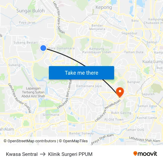 Kwasa Sentral to Klinik Surgeri PPUM map