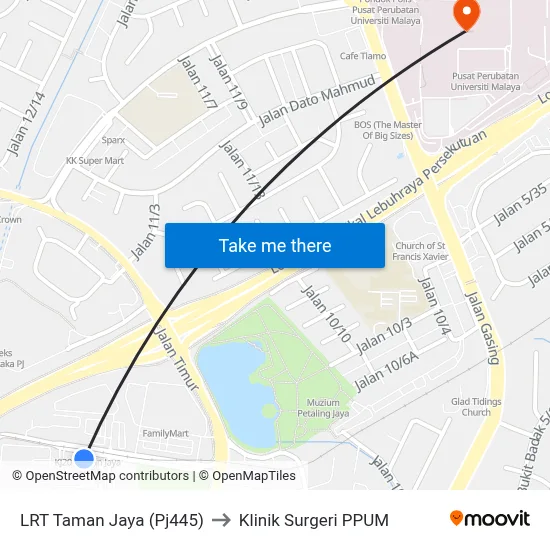 LRT Taman Jaya (Pj445) to Klinik Surgeri PPUM map
