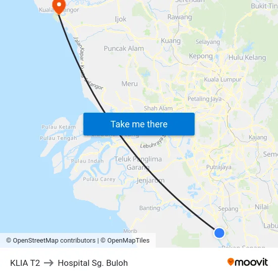 KLIA T2 to Hospital Sg. Buloh map