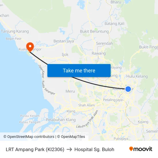 LRT Ampang Park (Kl2306) to Hospital Sg. Buloh map