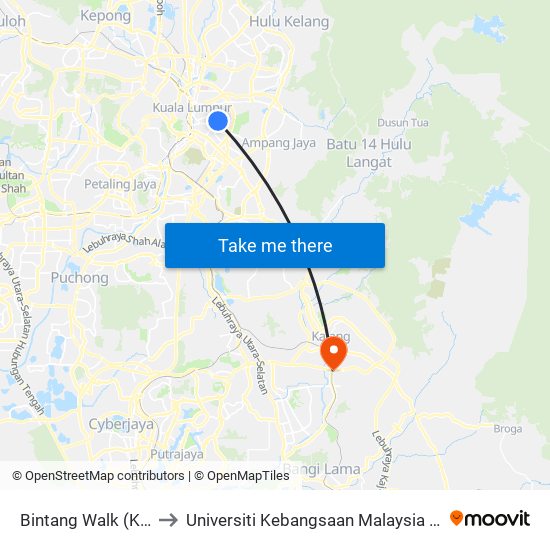 Bintang Walk (Kl85) to Universiti Kebangsaan Malaysia (UKM) map