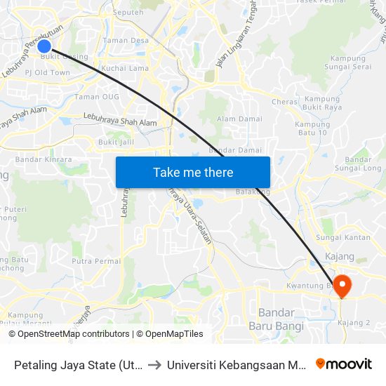 Petaling Jaya State (Utara) (Pj433) to Universiti Kebangsaan Malaysia (UKM) map