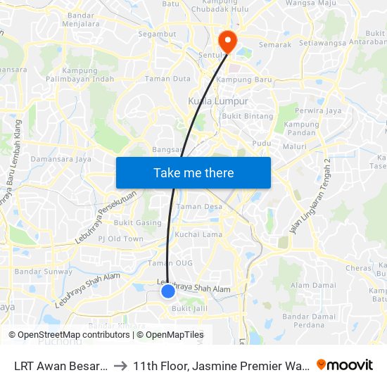 LRT Awan Besar (Kl2324) to 11th Floor, Jasmine Premier Ward, Kpj Tawakkal map