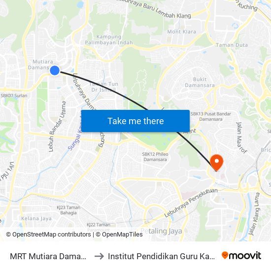 MRT Mutiara Damansara, Pintu C (Pj814) to Institut Pendidikan Guru Kampus Bahasa Antarabangsa map