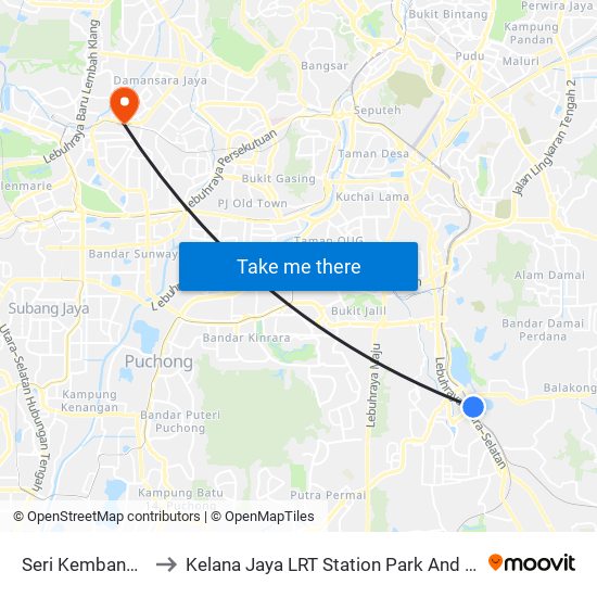 Seri Kembangan to Kelana Jaya LRT Station Park And Ride map