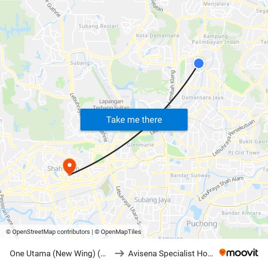 One Utama (New Wing) (Pj721) to Avisena Specialist Hospital map