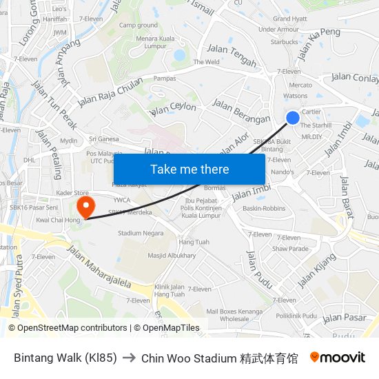 Bintang Walk (Kl85) to Chin Woo Stadium 精武体育馆 map