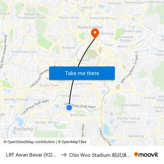 LRT Awan Besar (Kl2324) to Chin Woo Stadium 精武体育馆 map