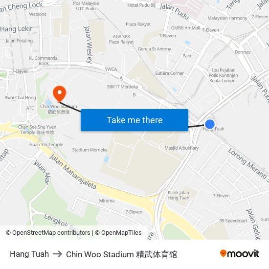 Hang Tuah to Chin Woo Stadium 精武体育馆 map
