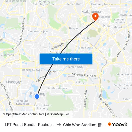LRT Pusat Bandar Puchong (Sj735) to Chin Woo Stadium 精武体育馆 map