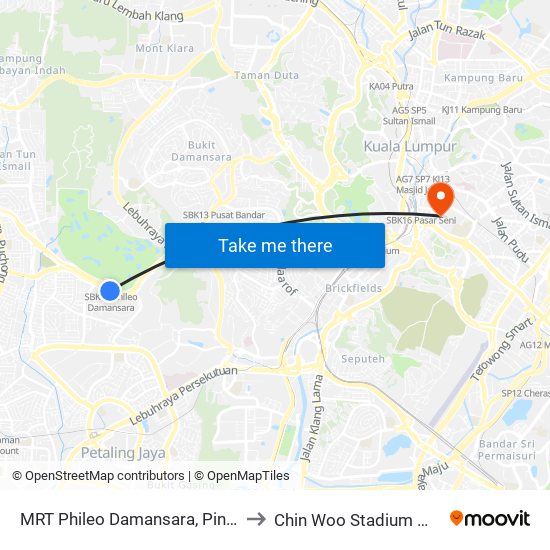 MRT Phileo Damansara, Pintu A (Pj823) to Chin Woo Stadium 精武体育馆 map