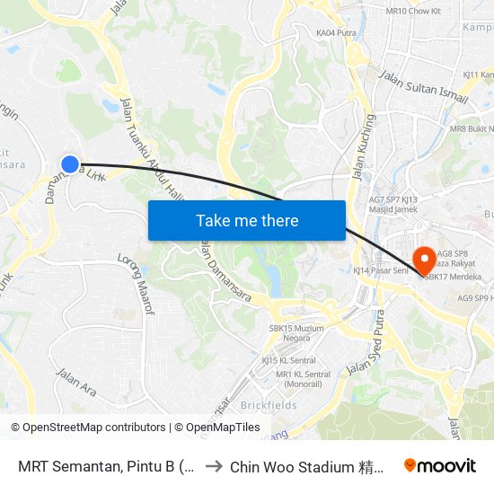 MRT Semantan, Pintu B (Kl1174) to Chin Woo Stadium 精武体育馆 map