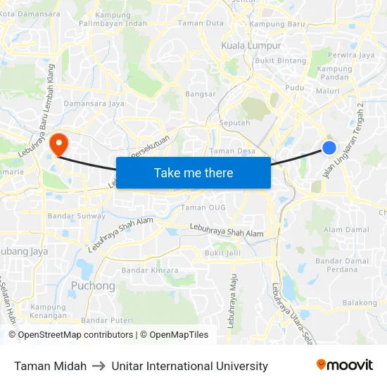 Taman Midah to Unitar International University map