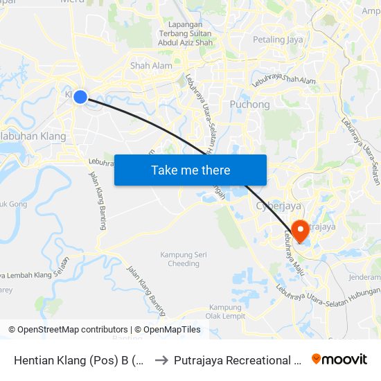 Hentian Klang (Pos) B (Bd664) to Putrajaya Recreational Airfield map