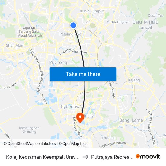 Kolej Kediaman Keempat, Universiti Malaya (Kl2348) to Putrajaya Recreational Airfield map