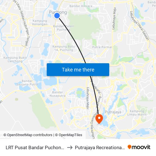 LRT Pusat Bandar Puchong (Sj735) to Putrajaya Recreational Airfield map