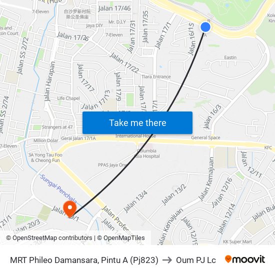MRT Phileo Damansara, Pintu A (Pj823) to Oum PJ Lc map