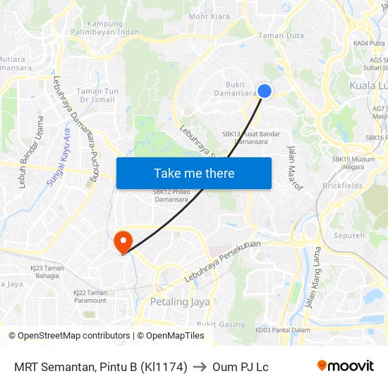 MRT Semantan, Pintu B (Kl1174) to Oum PJ Lc map