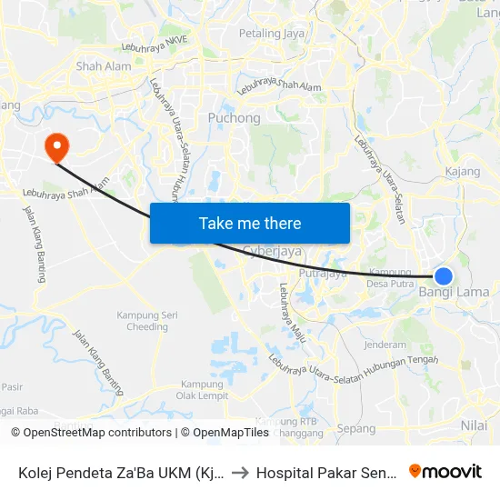 Kolej Pendeta Za'Ba UKM (Kj232) to Hospital Pakar Sentosa map