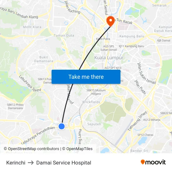 Kerinchi to Damai Service Hospital map