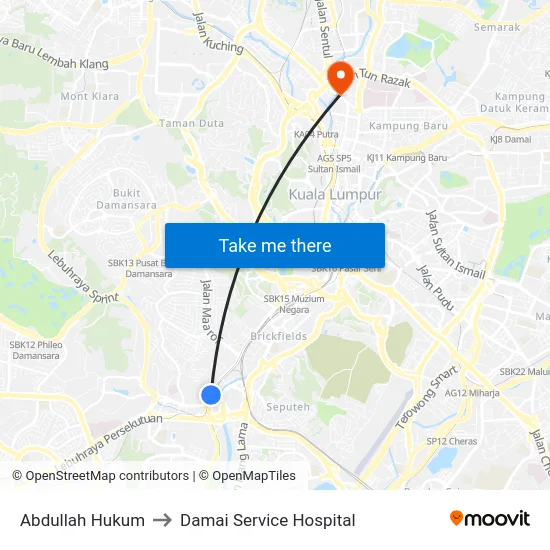 Abdullah Hukum to Damai Service Hospital map