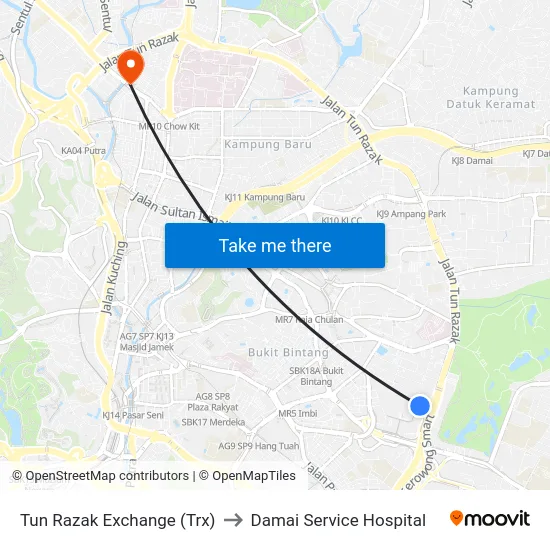 Tun Razak Exchange (Trx) to Damai Service Hospital map