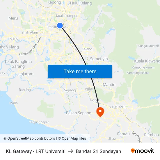 KL Gateway - LRT Universiti to Bandar Sri Sendayan map