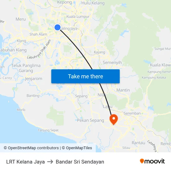 LRT Kelana Jaya to Bandar Sri Sendayan map