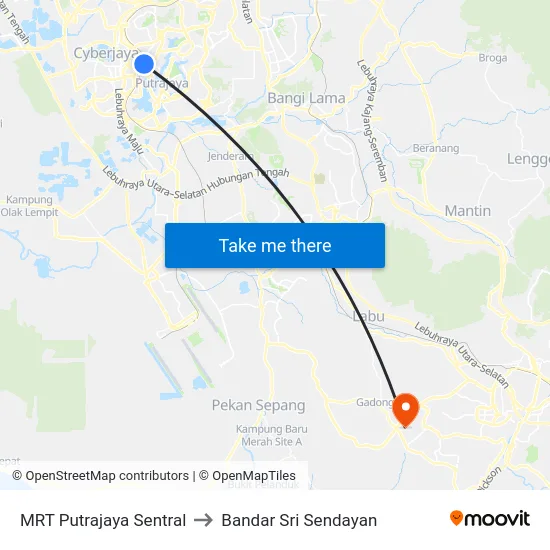 MRT Putrajaya Sentral to Bandar Sri Sendayan map