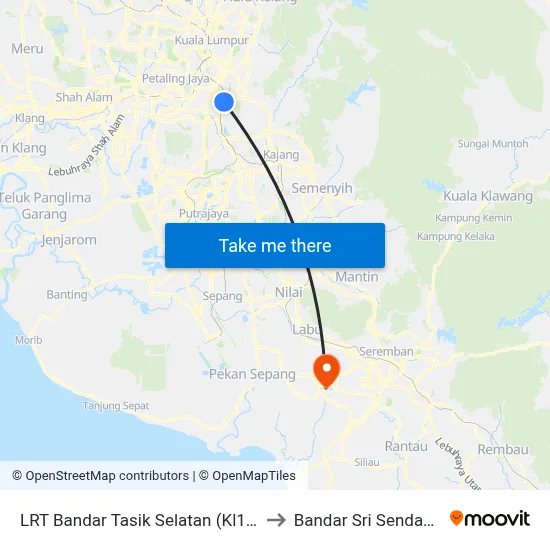 LRT Bandar Tasik Selatan (Kl152) to Bandar Sri Sendayan map