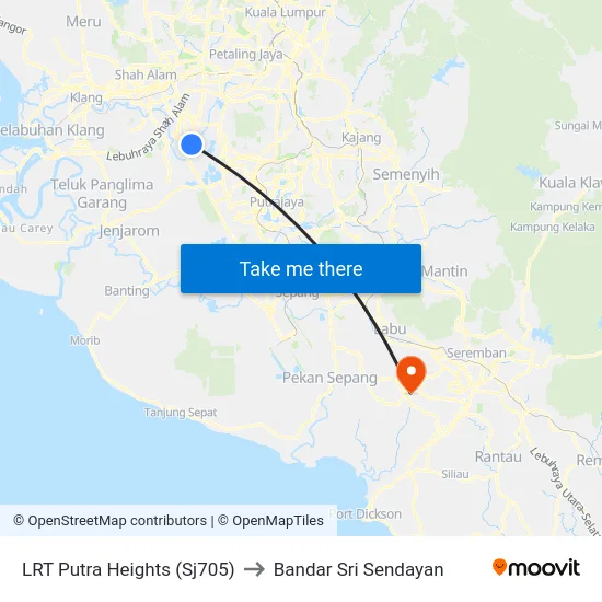 LRT Putra Heights (Sj705) to Bandar Sri Sendayan map