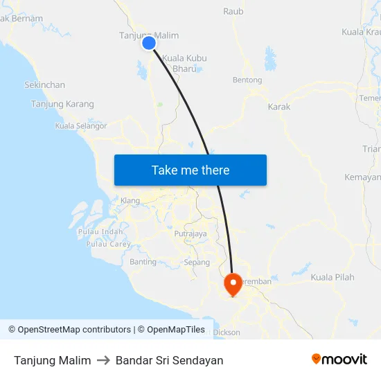 Tanjung Malim to Bandar Sri Sendayan map