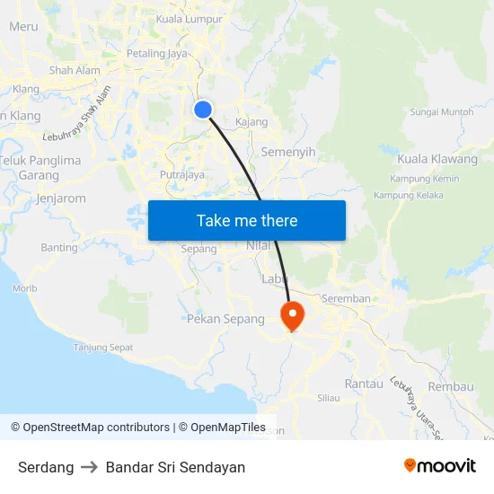 Serdang to Bandar Sri Sendayan map