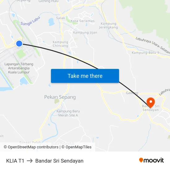 KLIA T1 to Bandar Sri Sendayan map