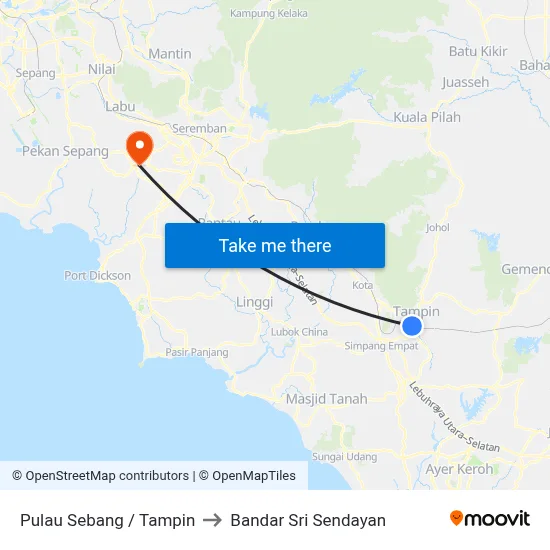 Pulau Sebang / Tampin to Bandar Sri Sendayan map