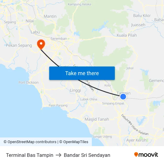 Terminal Bas Tampin to Bandar Sri Sendayan map
