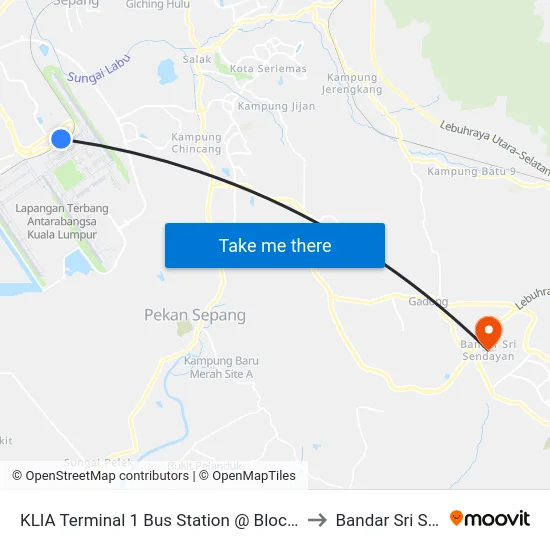 KLIA Terminal 1 Bus Station @ Block C (Sp355/Sp356) to Bandar Sri Sendayan map