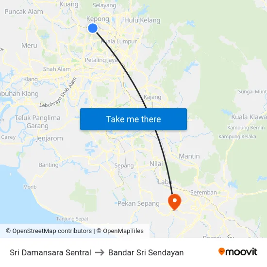 Sri Damansara Sentral to Bandar Sri Sendayan map