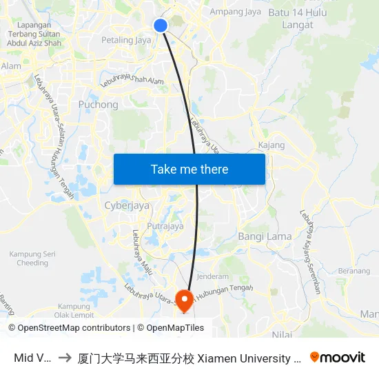 Mid Valley to 厦门大学马来西亚分校 Xiamen University Malaysia Campus map