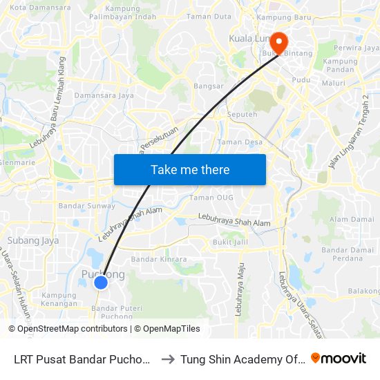 LRT Pusat Bandar Puchong (Sj735) to Tung Shin Academy Of Nursing map