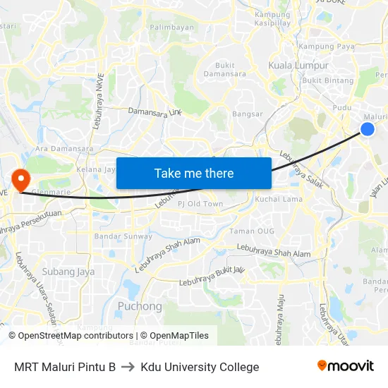 MRT Maluri Pintu B to Kdu University College map