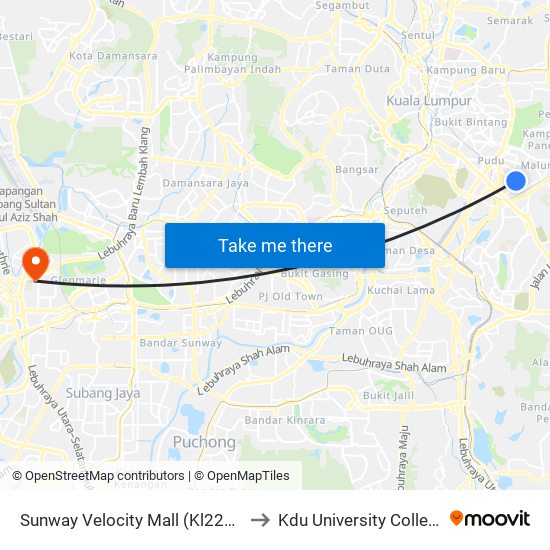 Sunway Velocity Mall (Kl2208) to Kdu University College map