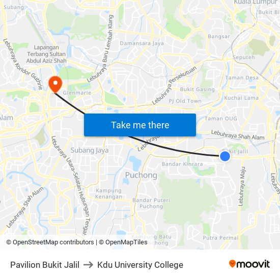 Pavilion Bukit Jalil to Kdu University College map