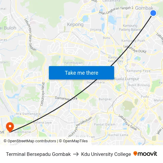 Terminal Bersepadu Gombak to Kdu University College map