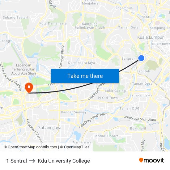 1 Sentral to Kdu University College map
